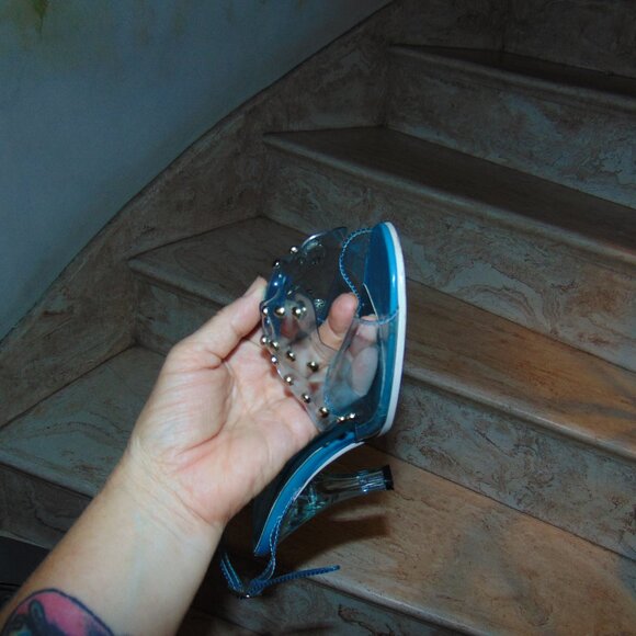 IRREGULAR CHOICE Blue Clear Bowtie Studded Sling Back Clear Heel 40 / 9 US - Picture 13 of 14